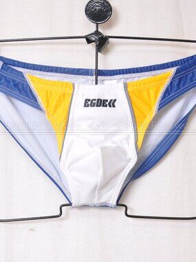 NIB JAPANESE EGDE "PX-II" SWIM BRIEF, WHITE w/ BLUE REAR ~1.5", JASPO SIZE "XL"